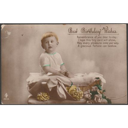 Best Birthday Wishes, Young Lad in a Basket, 1927 - HSB RP Postcard