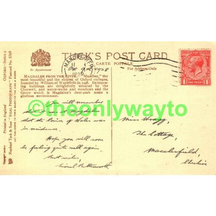Magdalen From The River, Oxford, Tucks RP Postcard, 1928