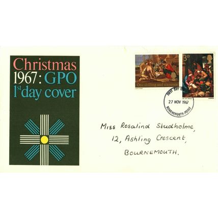 1967 Christmas, 3d, 1/6d, Bournemouth Postmark, UK, GPO FDC