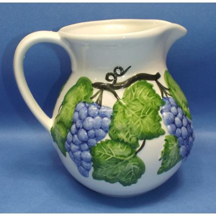 Vintage A.Santos Portugal Pitcher Hand Painted Grapes Vines Design 8” Tall 9008