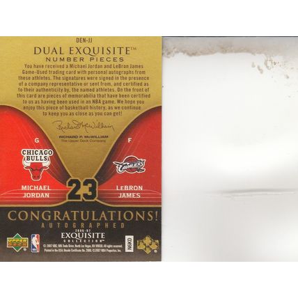 MICHAEL JORDAN & LeBRON JAMES DUAL EXQUISITE 2007 AUTOGRAPHED HOF BULLS & CAVS