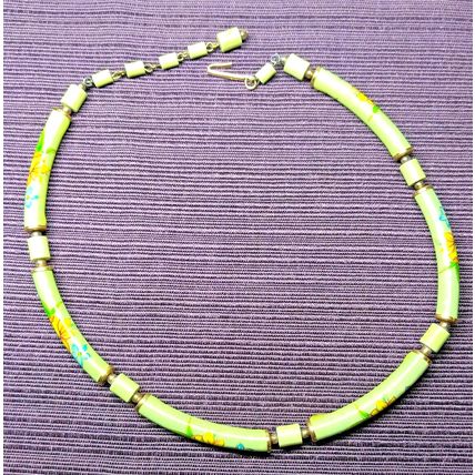 Boho Choker Necklace Tubular Beads 17" Mint Green Pink Yellow Floral Japan