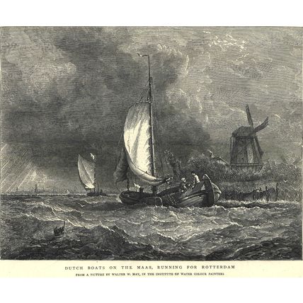 DUTCH BOATS ON THE MAAS, RUNNING FOR ROTTERDAM 1872 VICTORIAN ENGRAVINGS