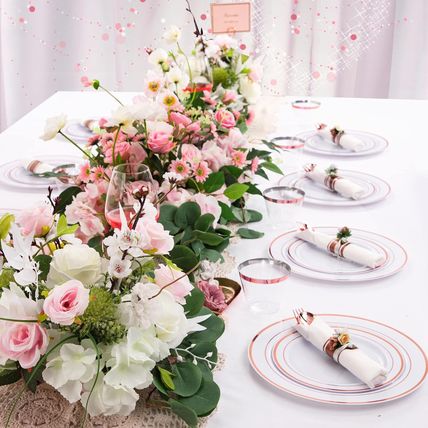 WELLIFE 350 Pieces Rose Gold Plastic Dinnerware, 50 Guests Disposable Plates wit