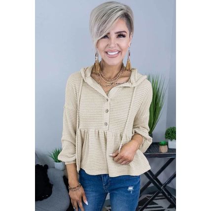 Apricot Waffle Knit Buttons Ruffled Hooded Top