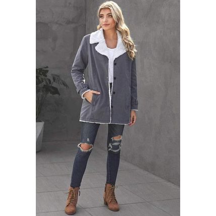 Gray Lapel Collar Button Fleece Jacket