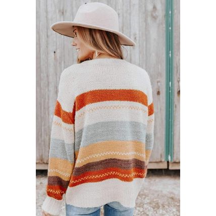 Crew Neck Drop-shoulder Striped Color Block Sweater