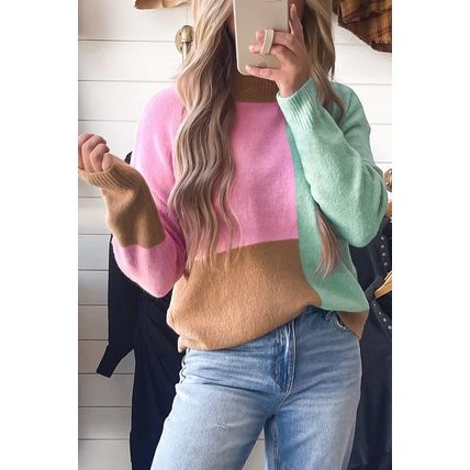 Multicolour Colorblock Mock Neck Ribbed Trim Sweater