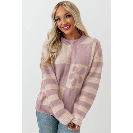 Orchid Petal Checkered Floral Print Striped Sleeve Sweater