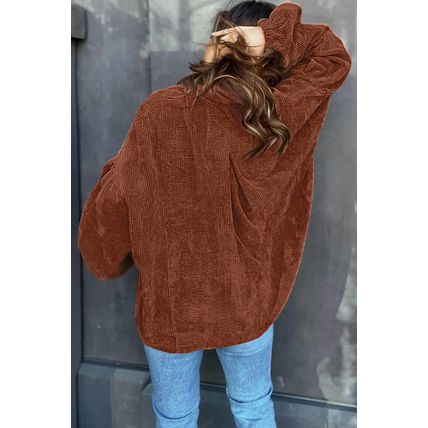 Coffee Textured Corduroy Puff Sleeve Shacket