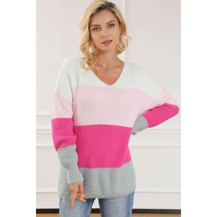 Striped Color Block Fuzzy V Neck Sweater