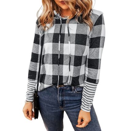 Multicolour Plaid Striped Patchwork Drawstring Hoodie