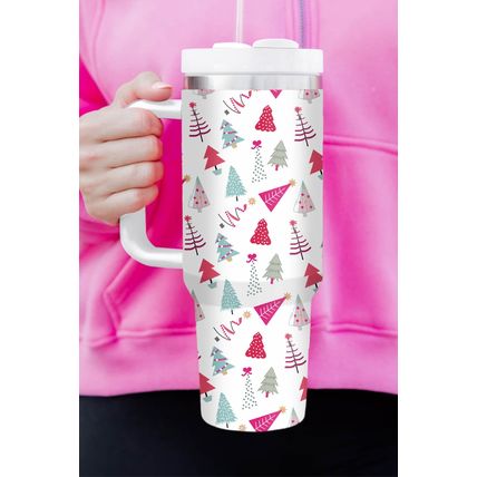 White Cartoon Christmas Tree Printed Thermos Cup