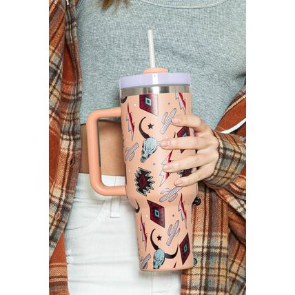 Apricot Pink Western Aztec Steer Head Stainless Tumbler 1200ml