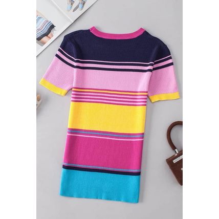 Pink Mixed Stripes Ribbed Knit Top