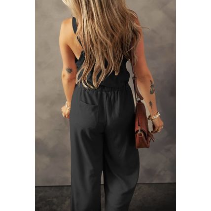 Black Knotted Straps Button Textured Drawstring Jumpsuit