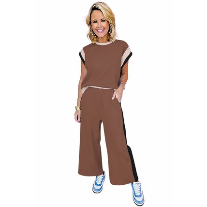 Chestnut Color Block Detail Casual Two-piece Outfit