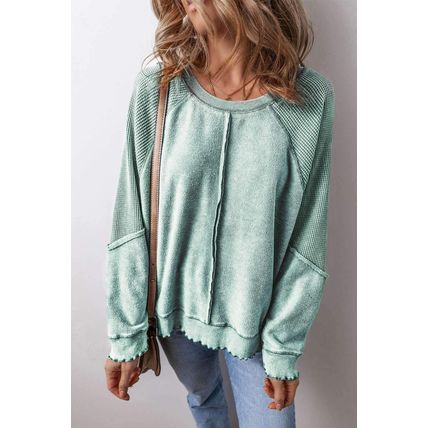 Mineral Blue Waffle Knit Patchwork Exposed Seam Raglan Sweatshirt