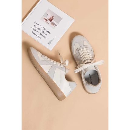 Beige PU Leather Suede Patched Lace-up Flat Shoes