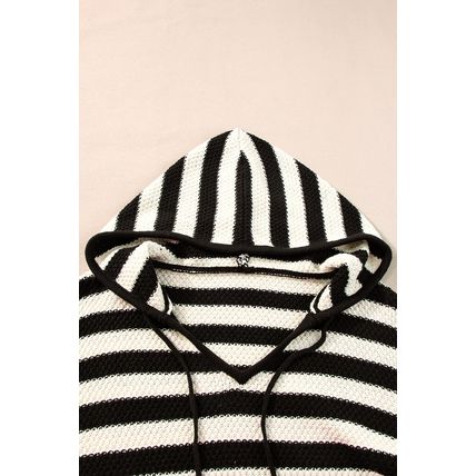 White Stripe V Neck Pocketed Drawstring Hooded Sweater