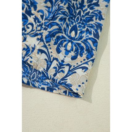 Blue Plus Size Ethnic Printed 3/4 Sleeve V Neck Loose Blouse