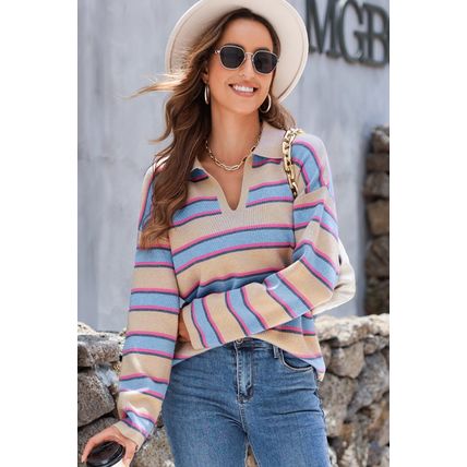 Apricot Stripe Collared V Neck Drop Shoulder Loose Sweater