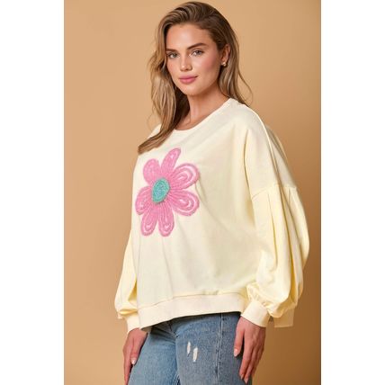 Beige Tinsel Flower Dropped Puff Sleeve Sweatshirt