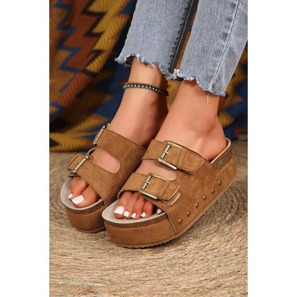 Chestnut Suede Buckle Decor Footbed Sandal Slippers