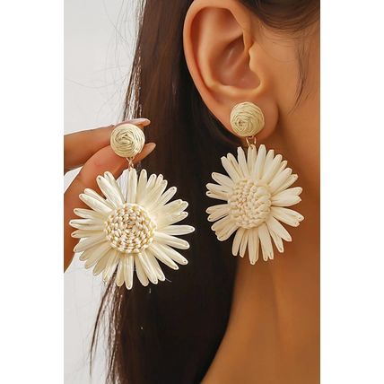 White Boho Raffia Crochet Sunflower Dangle Earrings