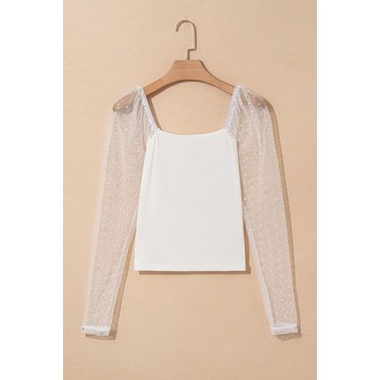 White Swiss Dot Mesh Long Sleeve Square Neck Slim Top