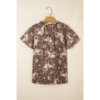 Khaki Retro Floral Print Tassel Tie Split Neck Short Sleeve Blouse