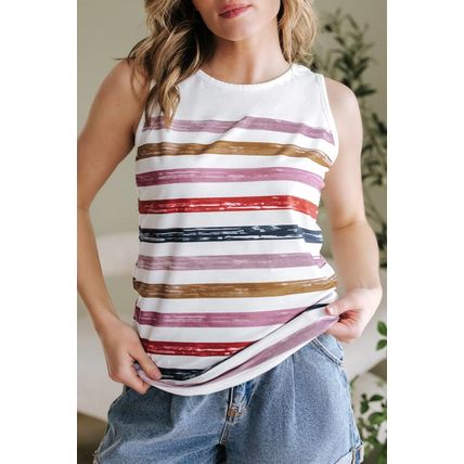 Red Stripe Rainbow Round Neck Tank Top