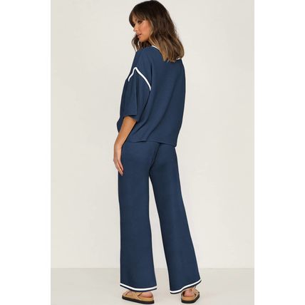 Navy Blue Contrast Trim Half Sleeve Top Drawstring Pants Loose 2pcs Sweater Suit