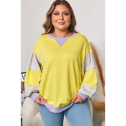 Yellow Striped Color Block Patchwork Crewneck Plus Size Pullover Sweatshirt