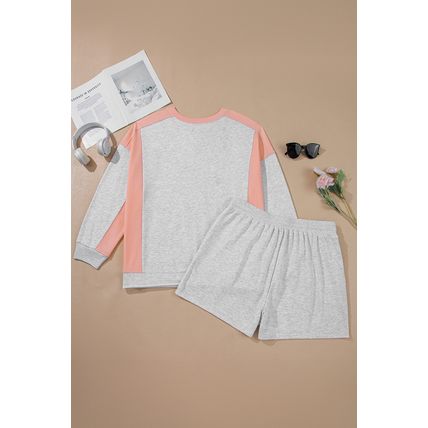 Light Grey Uneven Hem Colorblock Pullover Casual Shorts Plus Size 2pcs Outfit