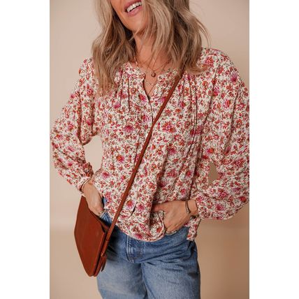 Red Floral Print Pleated Detail Notched Neck Puff Sleeve Blouse