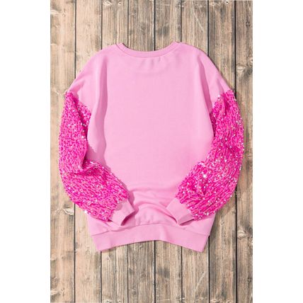 Pink Sequin Sleeve Pumpkin Pattern Thanksgiving Halloween Patchwork Pullover Top
