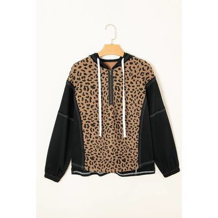 Brown Leopard Patchwork Contrast Stitching Knotted Cuff Quarter Zip Hoodie