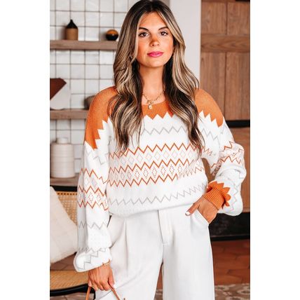 Khaki Zigzag Geometric Pattern Knitted Pullover Sweater