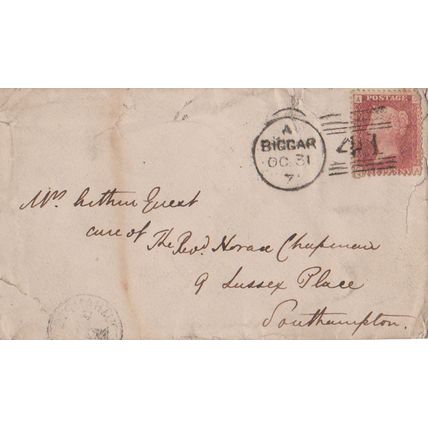 GB 1871 cover Biggar to Southampton unchecked 1d red on