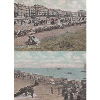 Southsea Hampshire Military Canon On Beach + Seven Sisters Cliff 3x Postcard