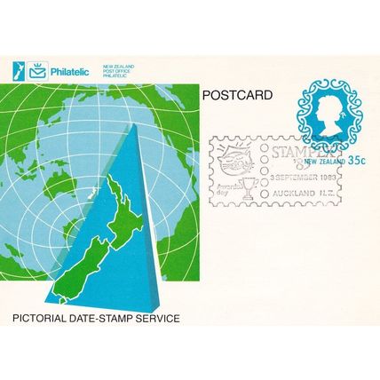 Stampex 83 New Zealand Auckland Map Drunk Cat & Trophy Postcard FDC