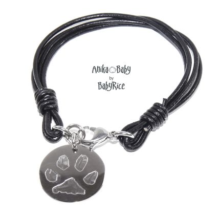 Personalised Dog Cat Pet Paws Prints Pawprint Circle Pendant on Leather Bracelet