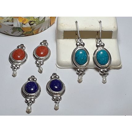 Lapis, Carnelian, Turquoise & Pearl interchangeable 3in1 925 Lever Earrings18528