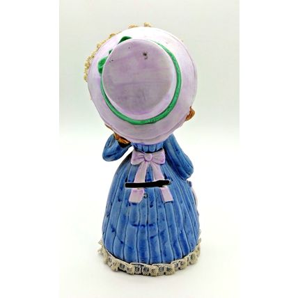 Vintage Coin Bank Girl Purple Bonnet Hand Painted Figurine includes stopper plug
