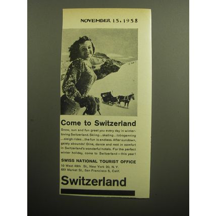 1958 Swiss National Tourist Office Ad - Come to Switzerland