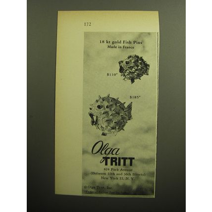 1958 Olga Tritt Jewelry Ad - 18 kt gold Fish Pins