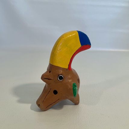 Vintage Ocarina Folk Art Clay Toucan Whistle 3 Head Flute Shape Shift Animal 5”