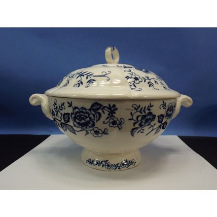 Vintage Blue Peony Japan Handpainted Porcelain Soup Tureen Serving Bowl Dish