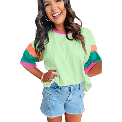 Women Oversized Color Block T-Shirt Casual Loose Crewneck Short Sleeve
